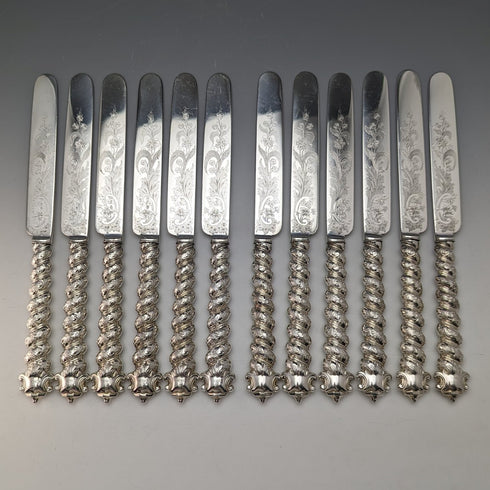 約 1850 年英國古董實心銀柄餐具 12 對套裝木盒 Martin Hall
